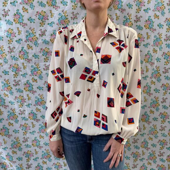 Vintage 80s geometric long sleeve blouse size large - Picture 1 of 7